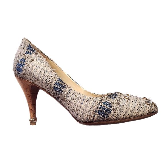 Chanel [Authentic] Metallic Tweed Rhinestone CC Closed Toe 3" Heels Size 6.5 - 7 - Picture 2 of 13